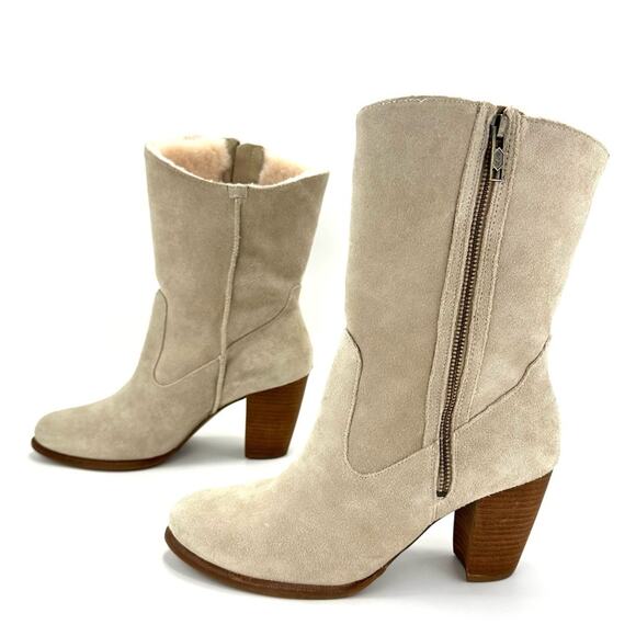Ugg Lynda Western Boot Size 11 Natural Suede Sheepskin Fur Lined Cuban High Heel - Picture 1 of 15